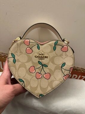 Coach Heart-Shaped Cherry Hearts Crossbody Bag in Beige and Pink